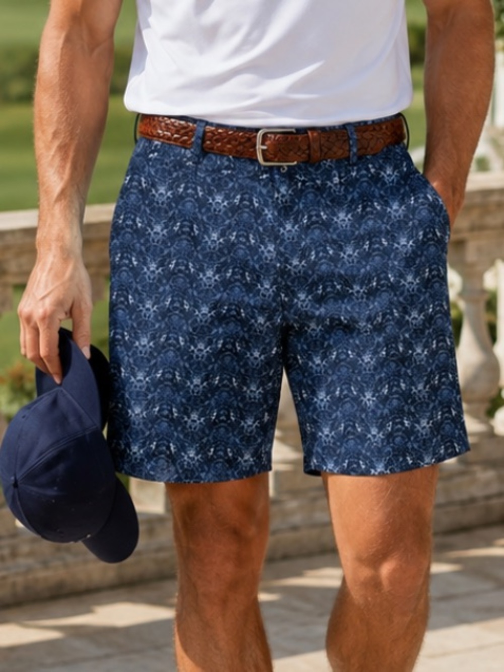J. Lindeberg Navy Patterned Flat-Front Performance Golf Shorts 34 39784